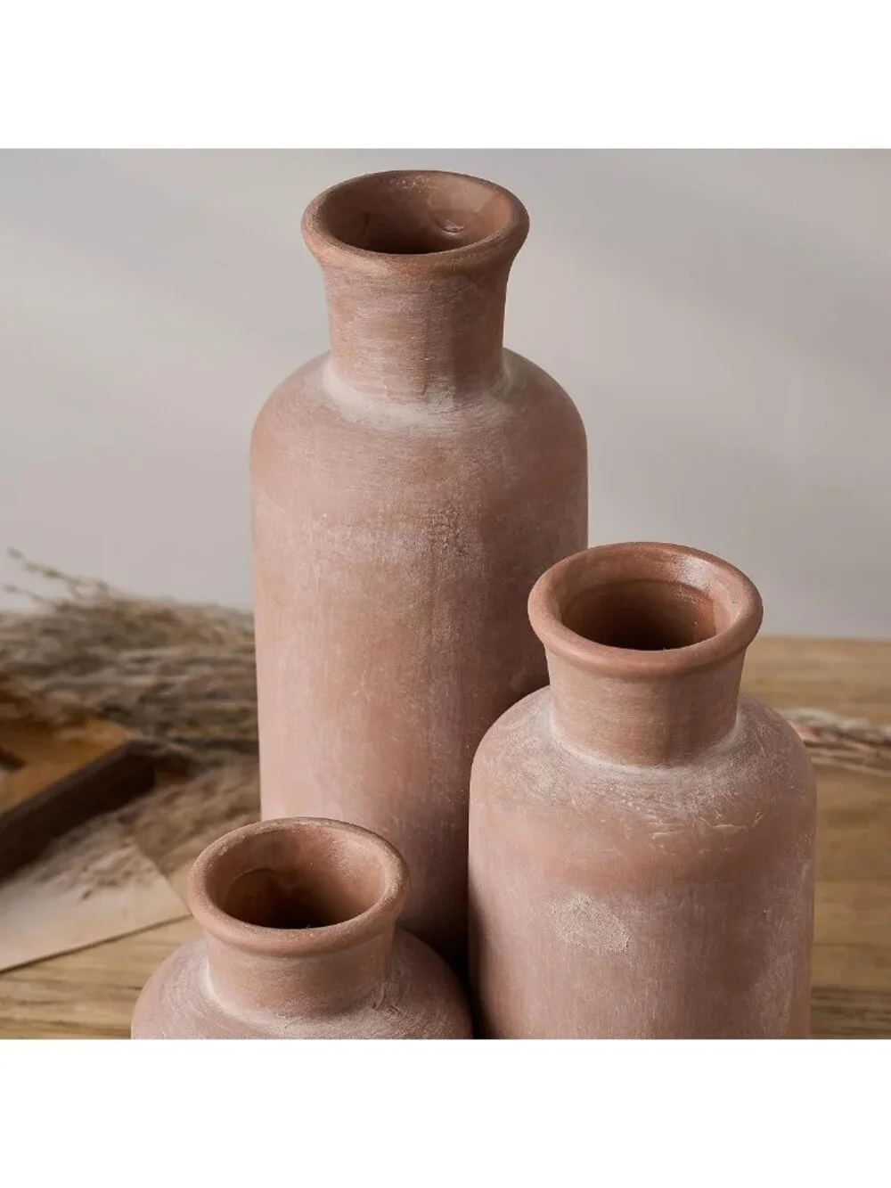 Rustic Ceramic Terracotta Vase Set of 3 | Farmhouse Home Decor for Table